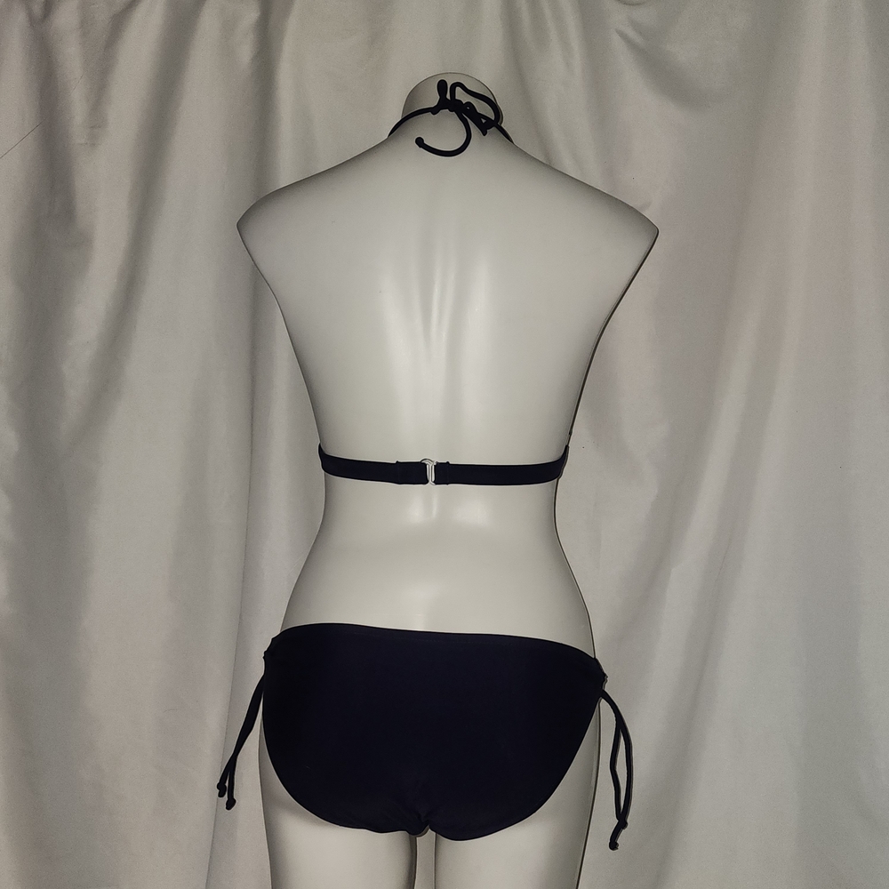 Navy & White Striped Triangle Bikini with Green Stitching - Picture 4 of 8